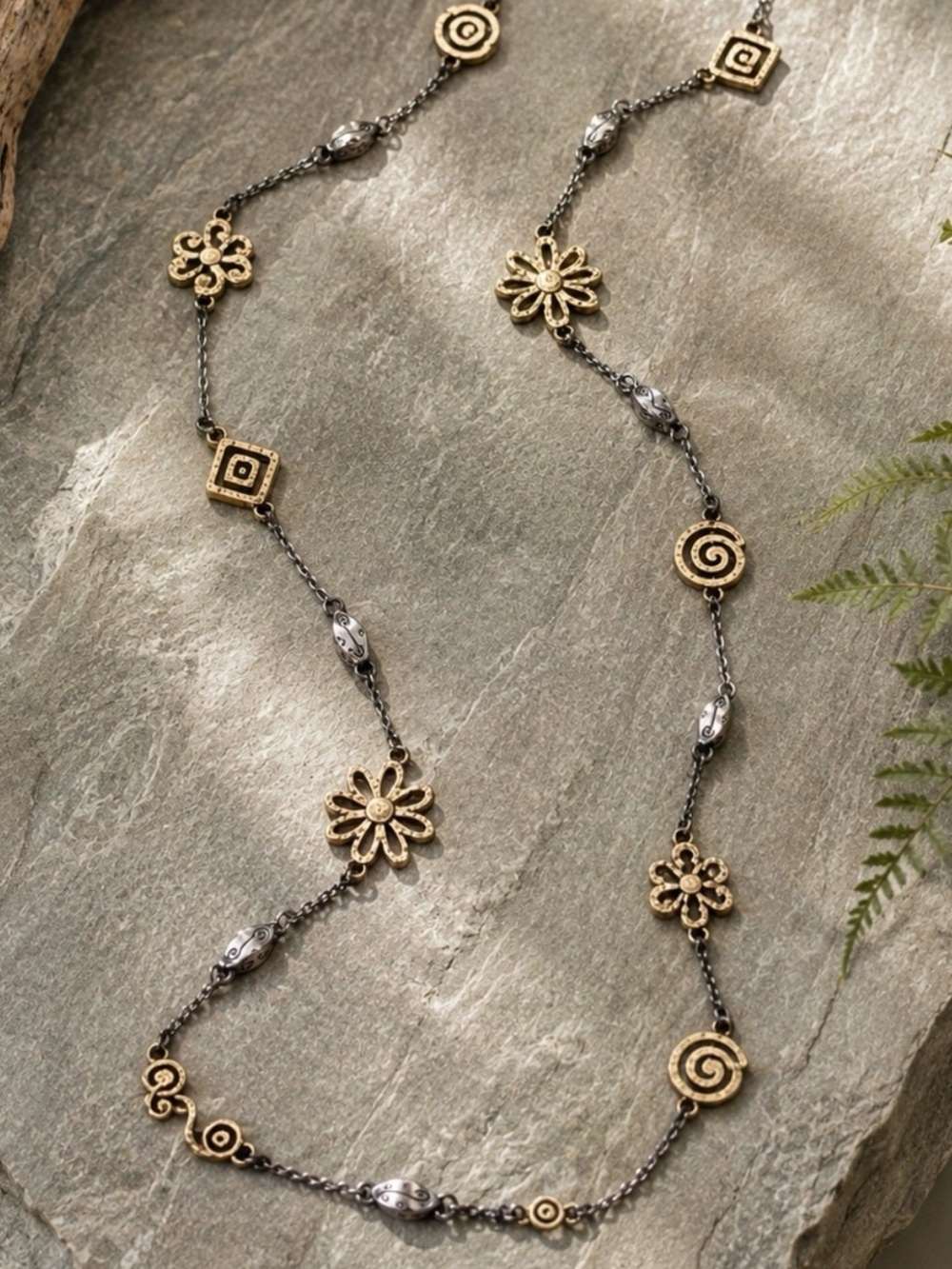 Brighton Retired Floral Spiral Station Necklace 39” Silver Gold Boho
